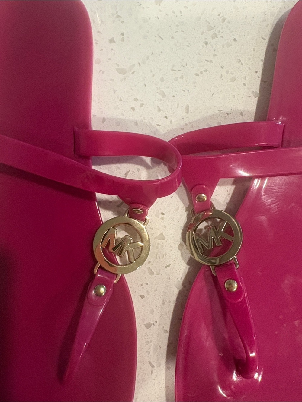 Michael Kors Bright Pink Jelly Thong Sandals with Gold MK Logo
